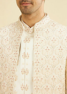 Manyavar Men Warm White Satin Magnificence Open Sherwani