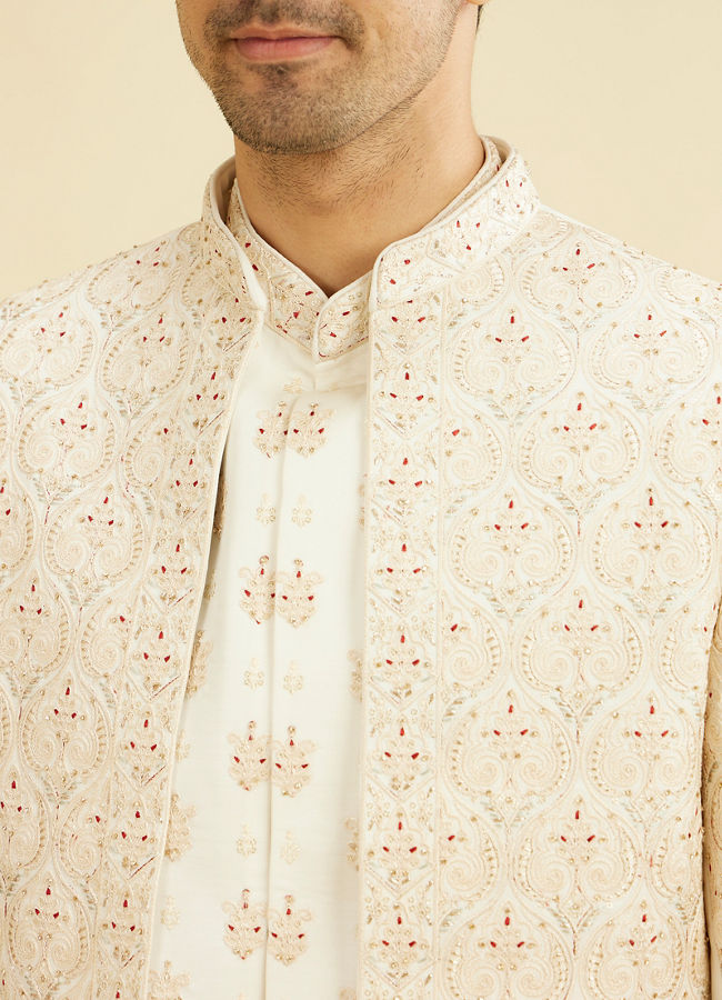 Manyavar Men Warm White Satin Magnificence Open Sherwani
