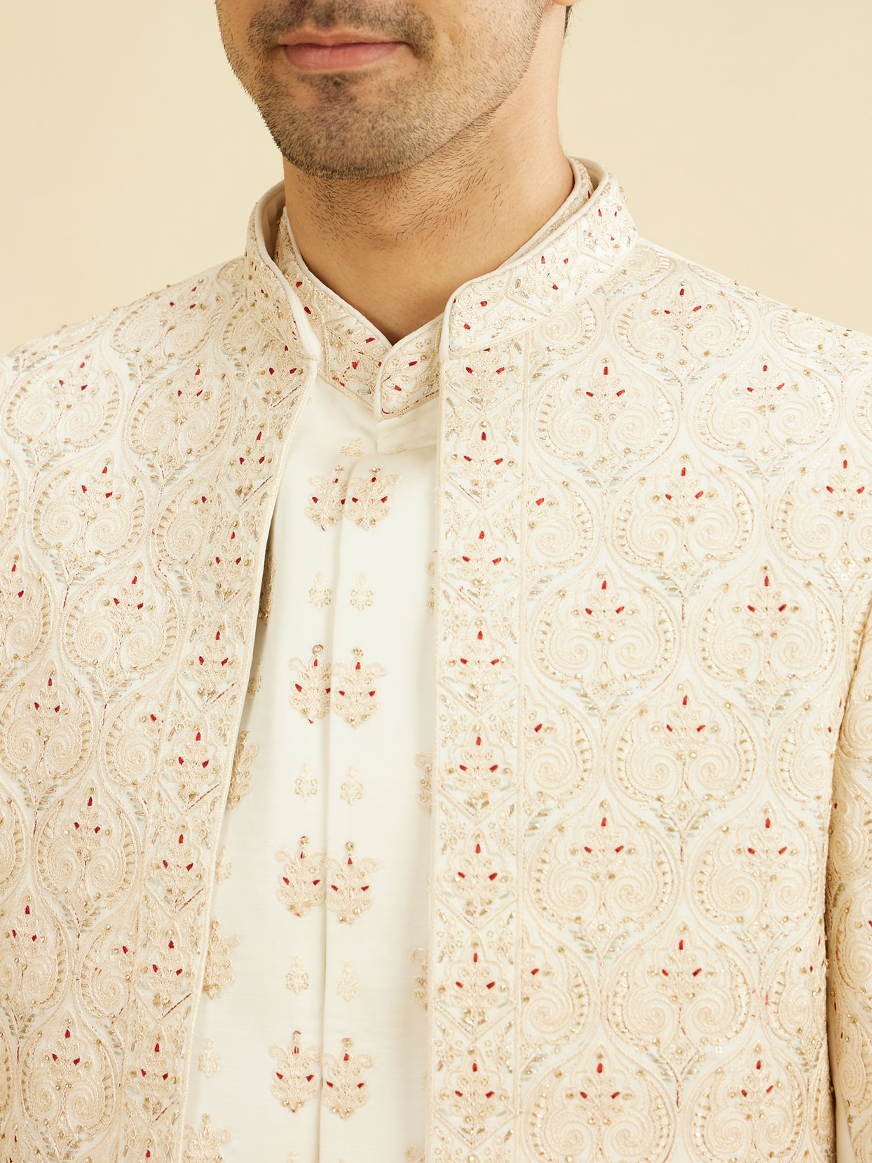 Manyavar Men Warm White Satin Magnificence Open Sherwani