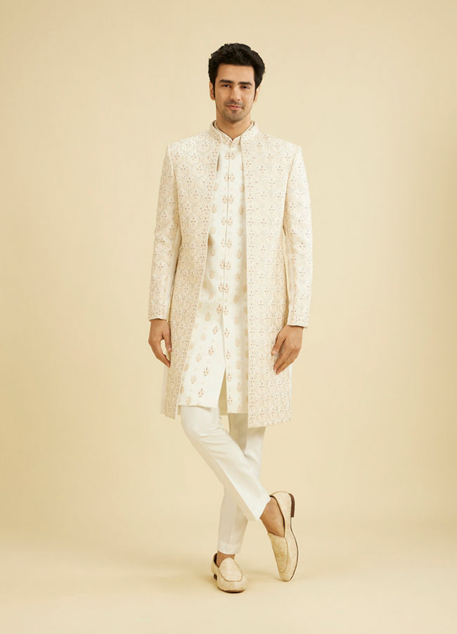 Manyavar Men Warm White Satin Magnificence Sherwani