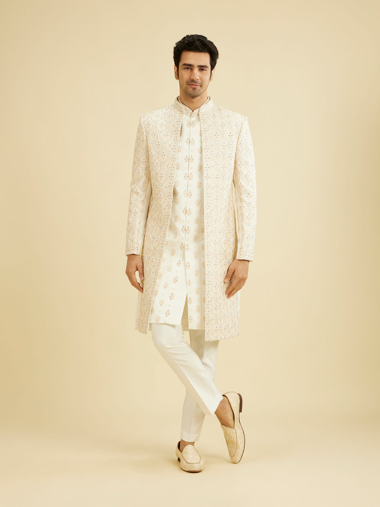 Manyavar Men Warm White Satin Magnificence Sherwani