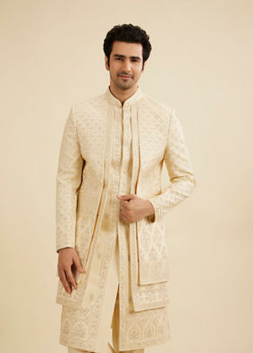 Manyavar Men Cream Beige Jaal Embroidered Open Sherwani Set with Rhinestone Work