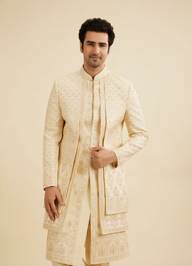 Manyavar Men Cream Beige Jaal Embroidered Open Sherwani Set with Rhinestone Work