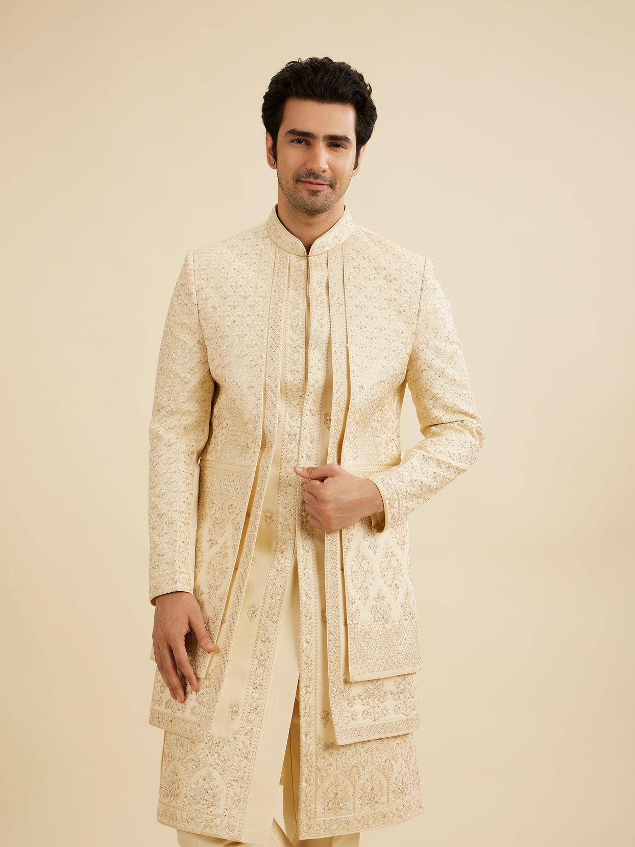 Manyavar Men Cream Beige Jaal Embroidered Open Sherwani Set with Rhinestone Work
