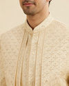 Manyavar Men Cream Beige Jaal Embroidered Open Sherwani Set with Rhinestone Work