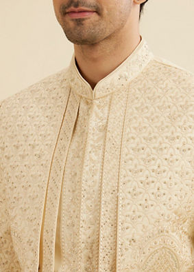Manyavar Men Cream Beige Jaal Embroidered Open Sherwani Set with Rhinestone Work