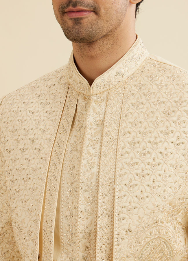 Manyavar Men Cream Beige Jaal Embroidered Open Sherwani Set with Rhinestone Work