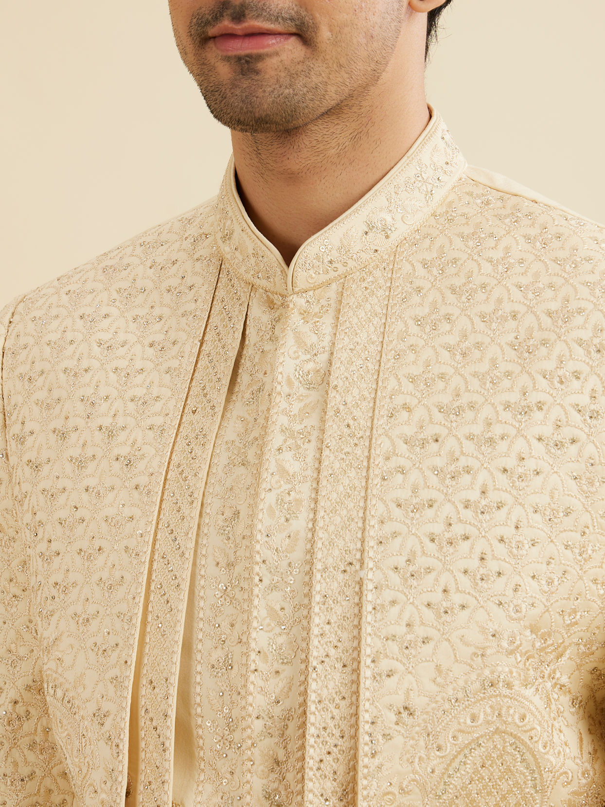 Manyavar Men Cream Beige Jaal Embroidered Open Sherwani Set with Rhinestone Work
