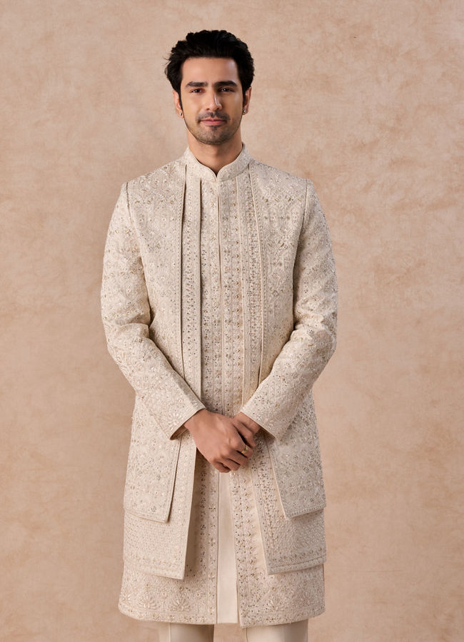 Manyavar Men Elegant Beige Open Sherwani