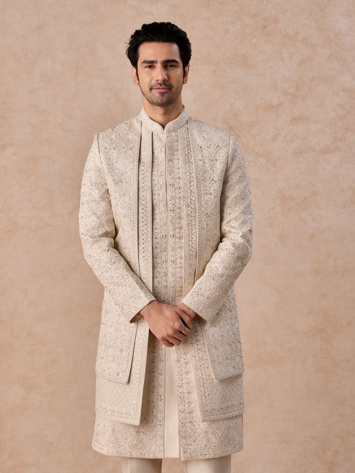 Manyavar Men Elegant Beige Open Sherwani