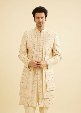 Manyavar Men Beige Sheen Open Sherwani