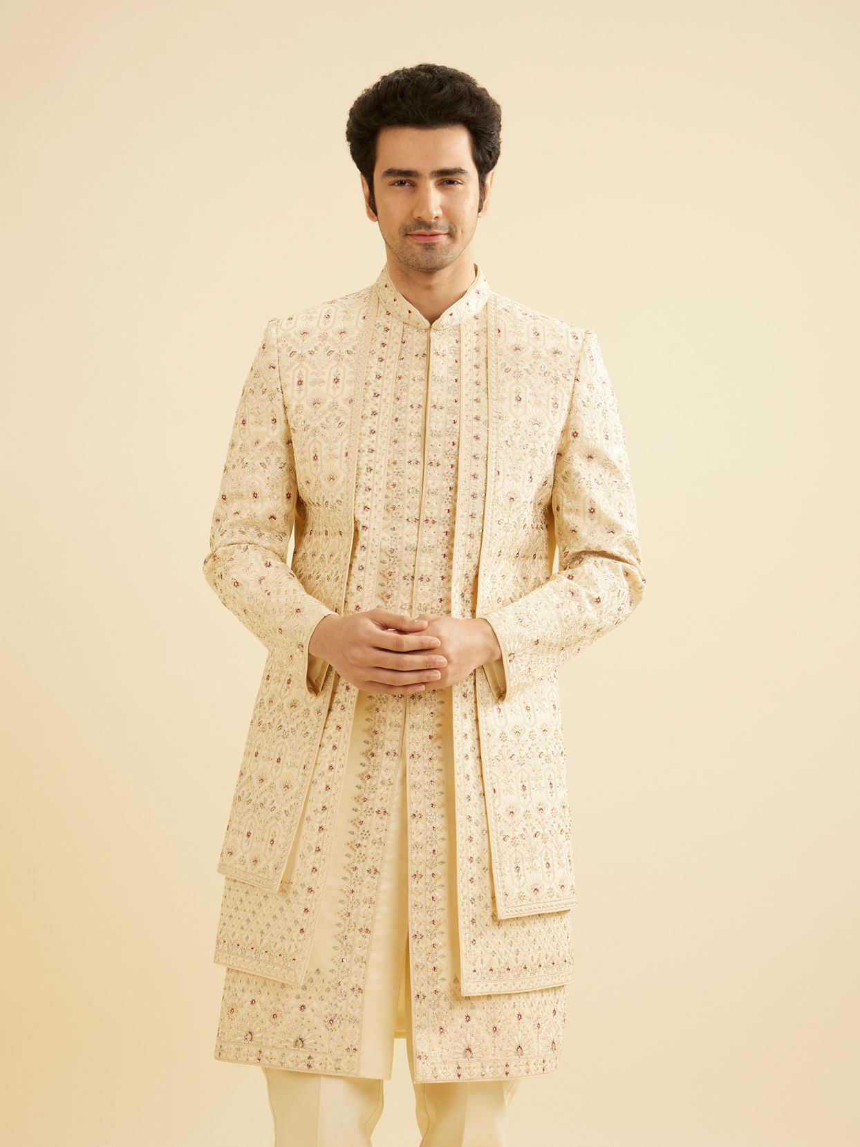 Manyavar Men Beige Sheen Open Sherwani