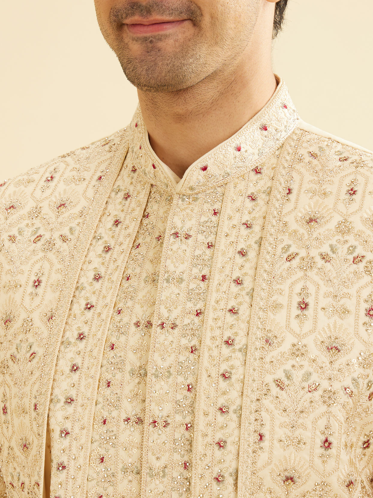 Manyavar Men Beige Sheen Open Sherwani