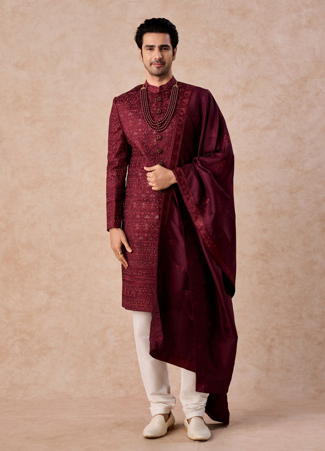 Manyavar Men Maroon Sherwani Ensemble