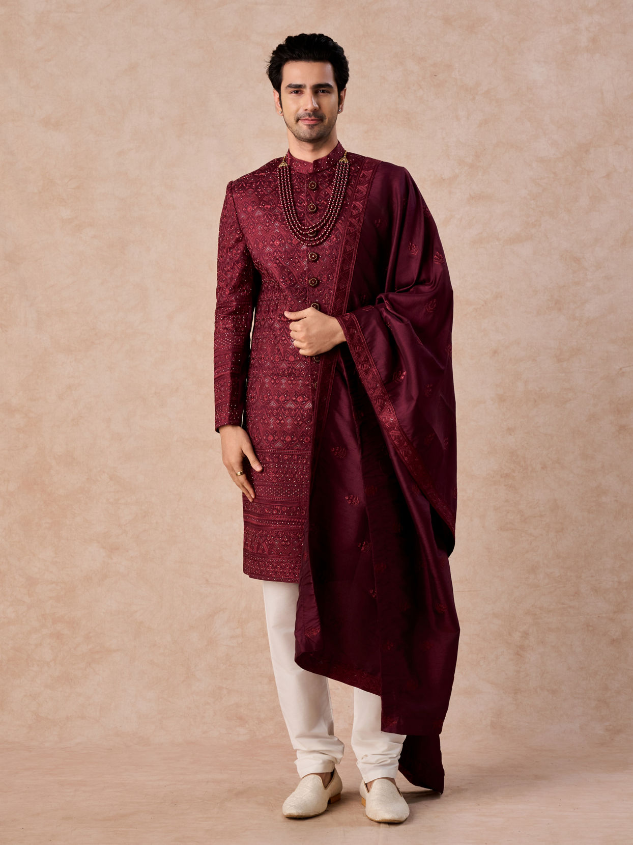 Manyavar Men Maroon Sherwani Ensemble