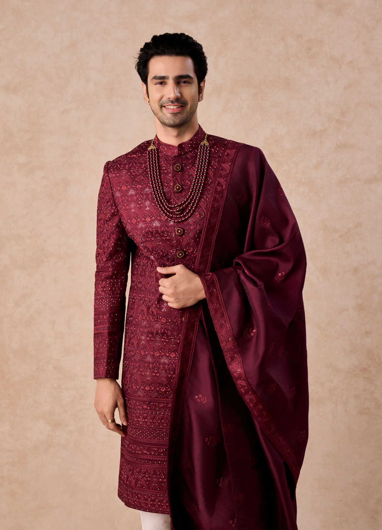 Manyavar Men Maroon Sherwani Ensemble