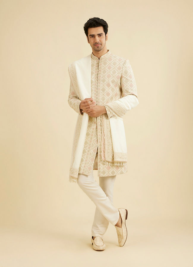 Manyavar Men Cream Silk Embroidered Sherwani