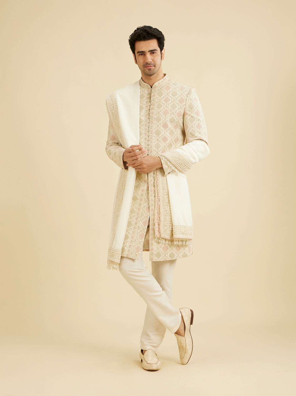 Manyavar Men Cream Silk Embroidered Sherwani