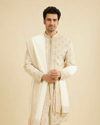 Manyavar Men Cream Silk Embroidered Sherwani