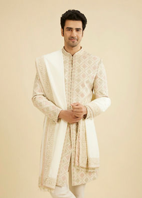 Manyavar Men Cream Silk Embroidered Sherwani image number 0