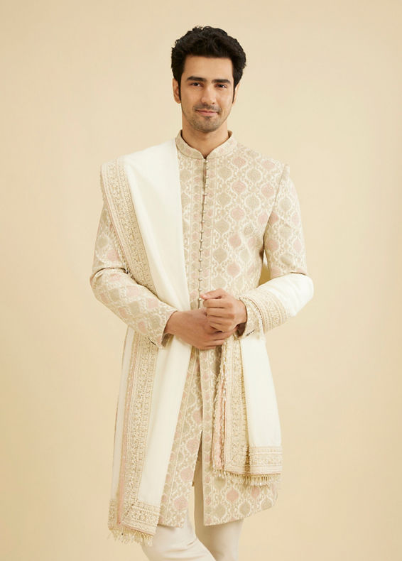 Manyavar Men Cream Silk Embroidered Sherwani