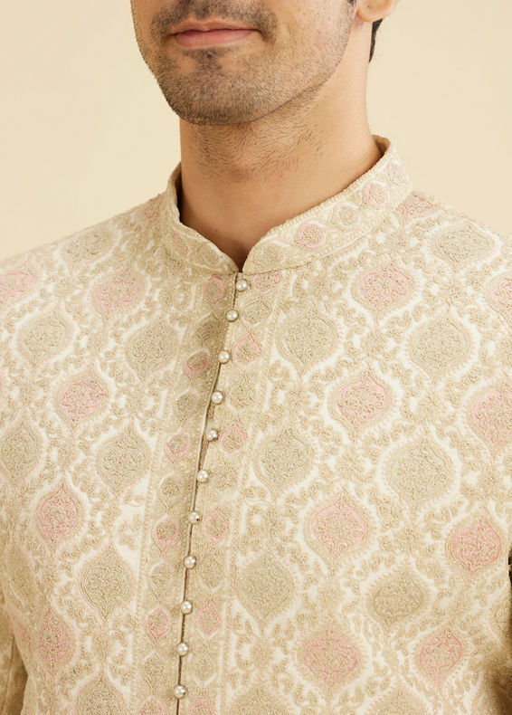 Manyavar Men Cream Silk Embroidered Sherwani