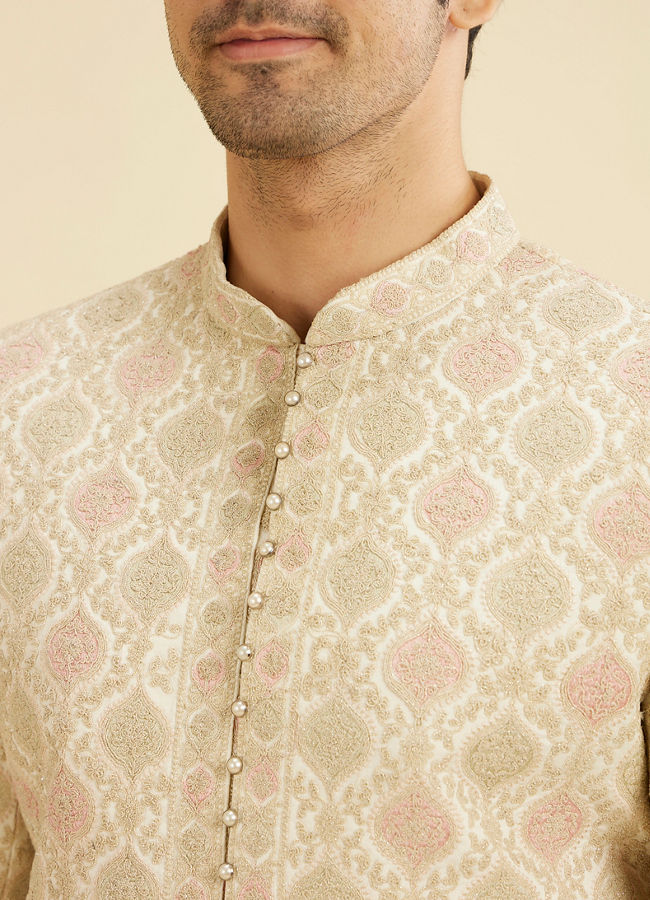 Manyavar Men Cream Silk Embroidered Sherwani image number 1