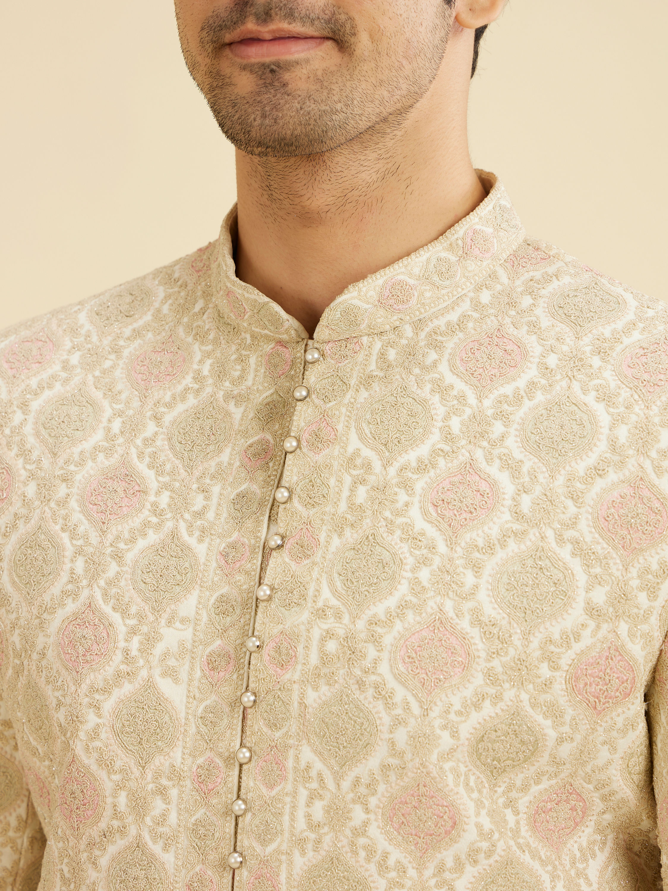 Manyavar Men Cream Silk Embroidered Sherwani