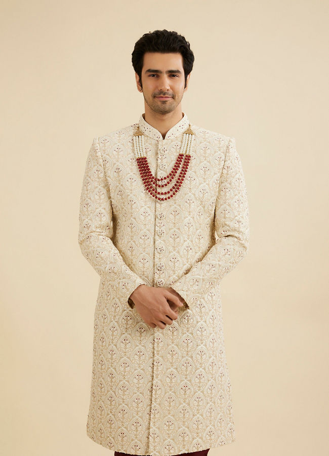 Manyavar Men Cream Beige Jaal Patterned Sherwani Set with Layered Necklace