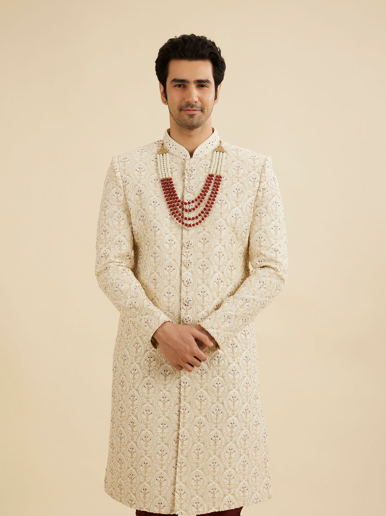 Manyavar Men Cream Beige Jaal Patterned Sherwani Set with Layered Necklace