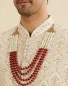 Manyavar Men Cream Beige Jaal Patterned Sherwani Set with Layered Necklace