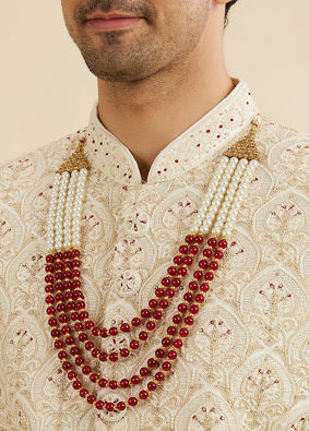 Manyavar Men Cream Beige Jaal Patterned Sherwani Set with Layered Necklace