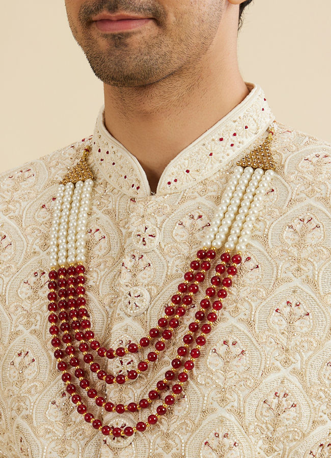 Manyavar Men Cream Beige Jaal Patterned Sherwani Set with Layered Necklace