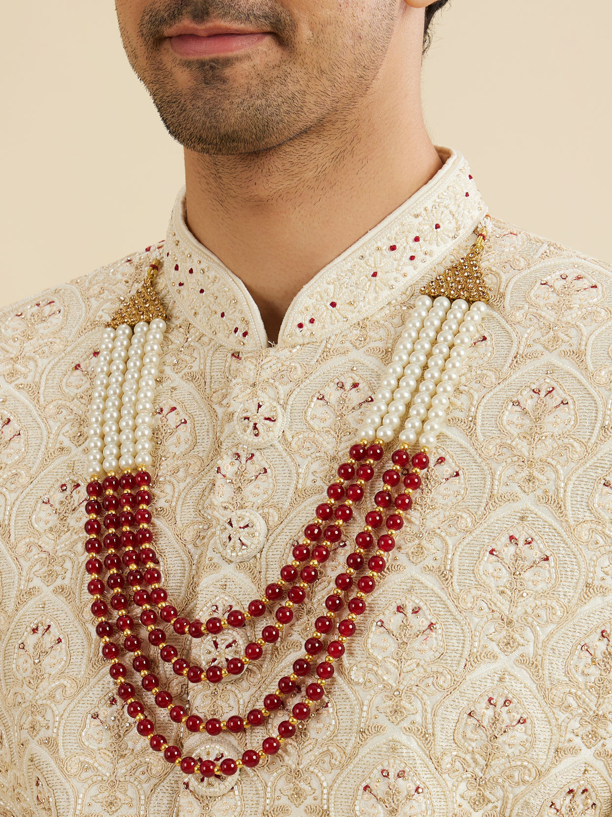 Manyavar Men Cream Beige Jaal Patterned Sherwani Set with Layered Necklace
