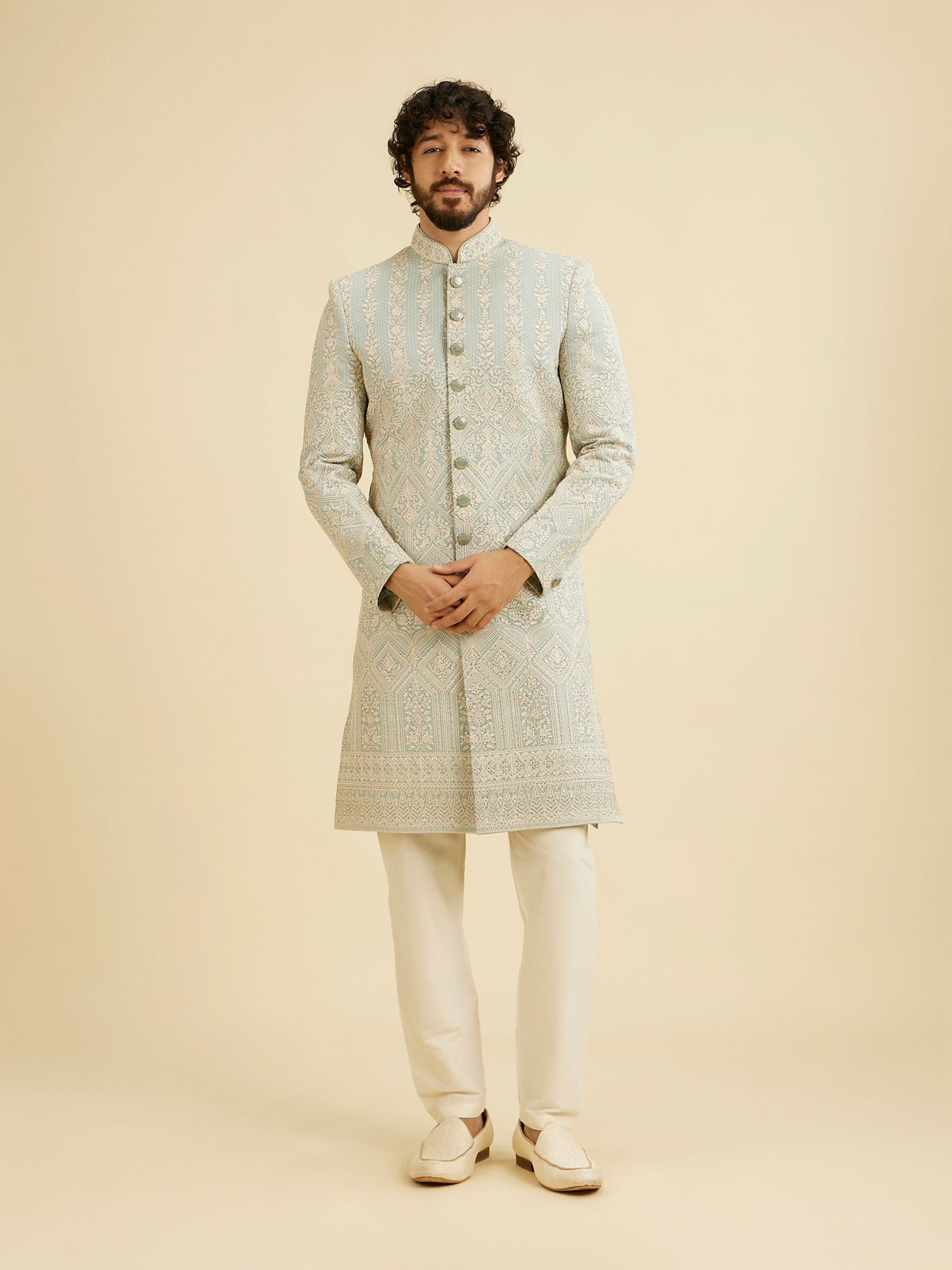 Manyavar Men Graceful Light Grey Sherwani