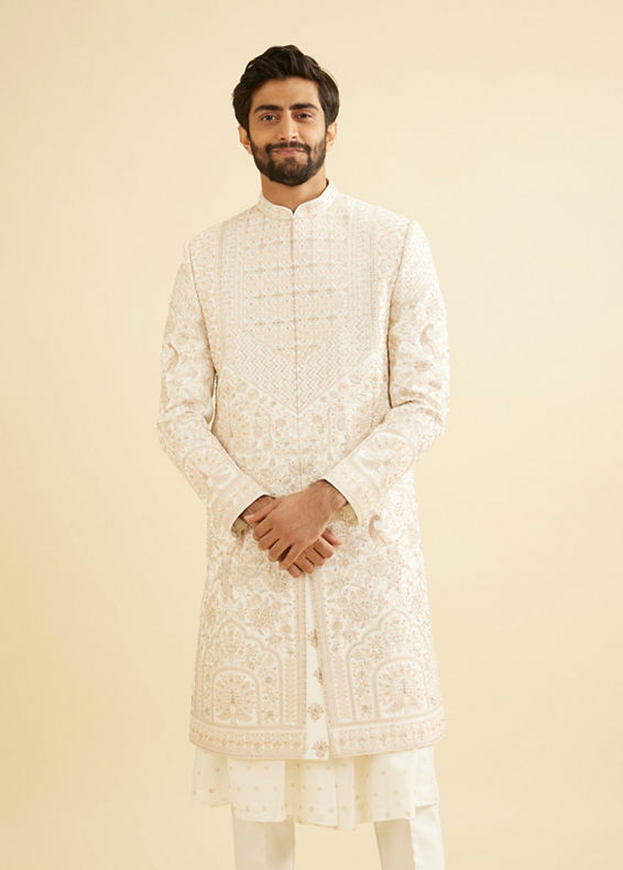 Manyavar Men Cream Beige Zari Embroidered Sherwani Set with Peacock