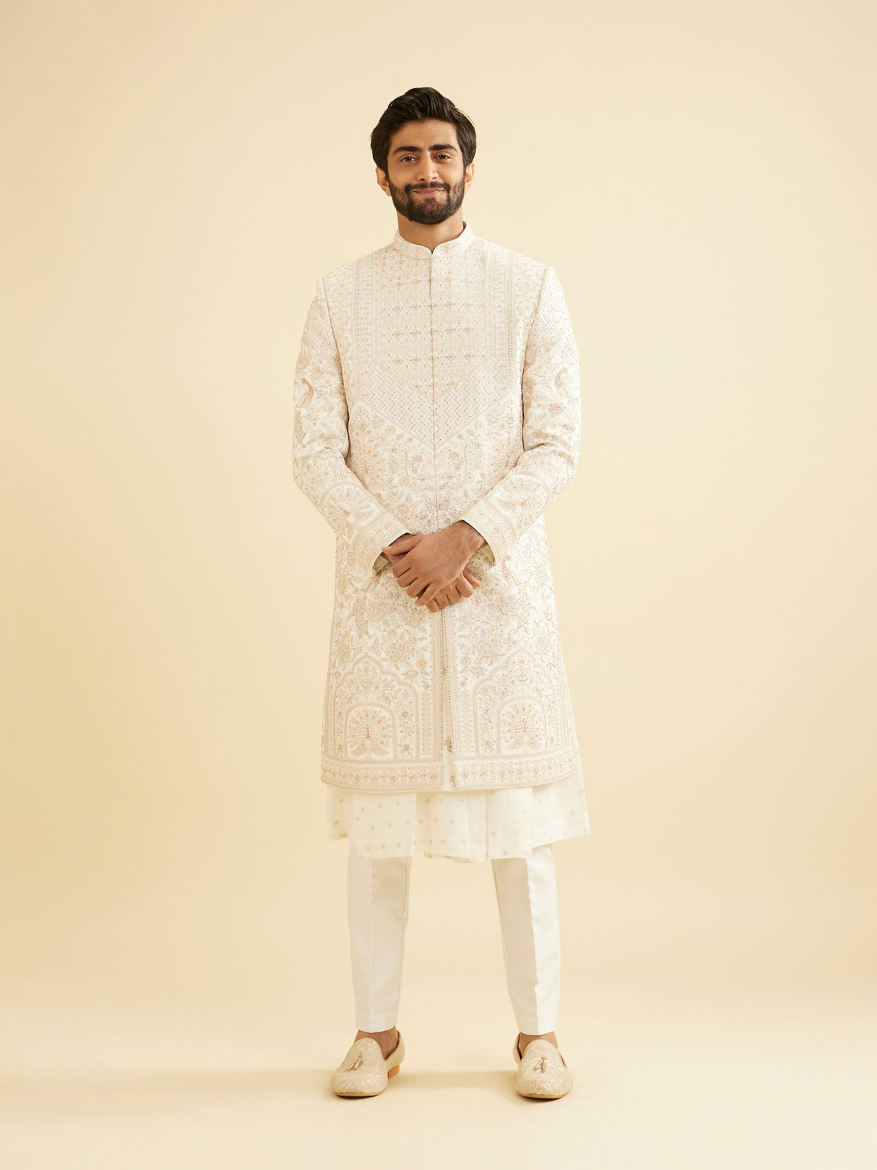 Manyavar Men Cream Beige Zari Embroidered Sherwani Set with Peacock And Darbar Motifs