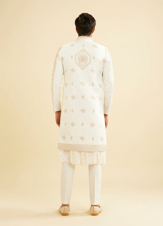 Manyavar Men Cream Beige Zari Embroidered Sherwani Set with Peacock And Darbar Motifs