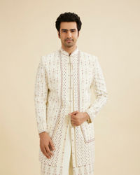 Manyavar Men Cream White Jaal Medallion Patterned Sherwani Set
