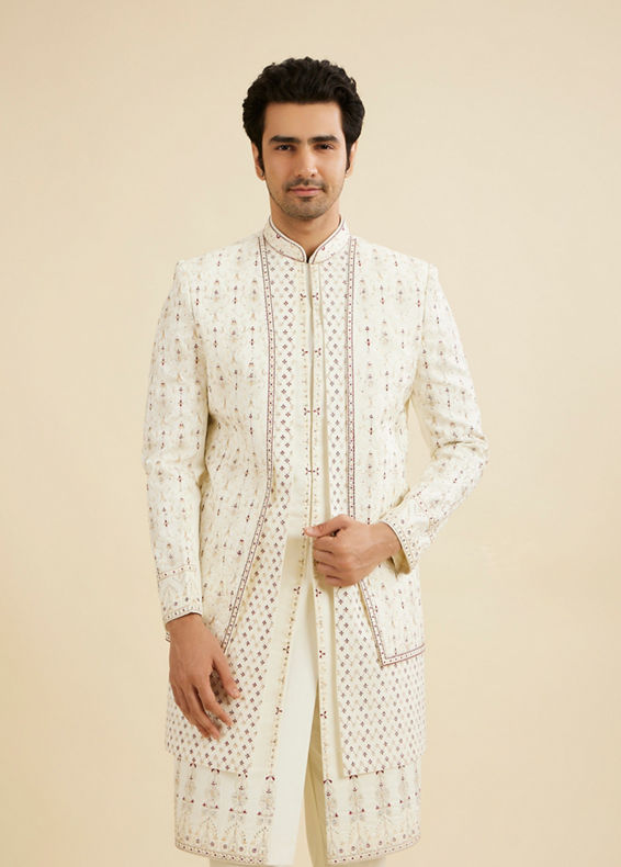 Manyavar Men Cream White Jaal Medallion Patterned Sherwani Set