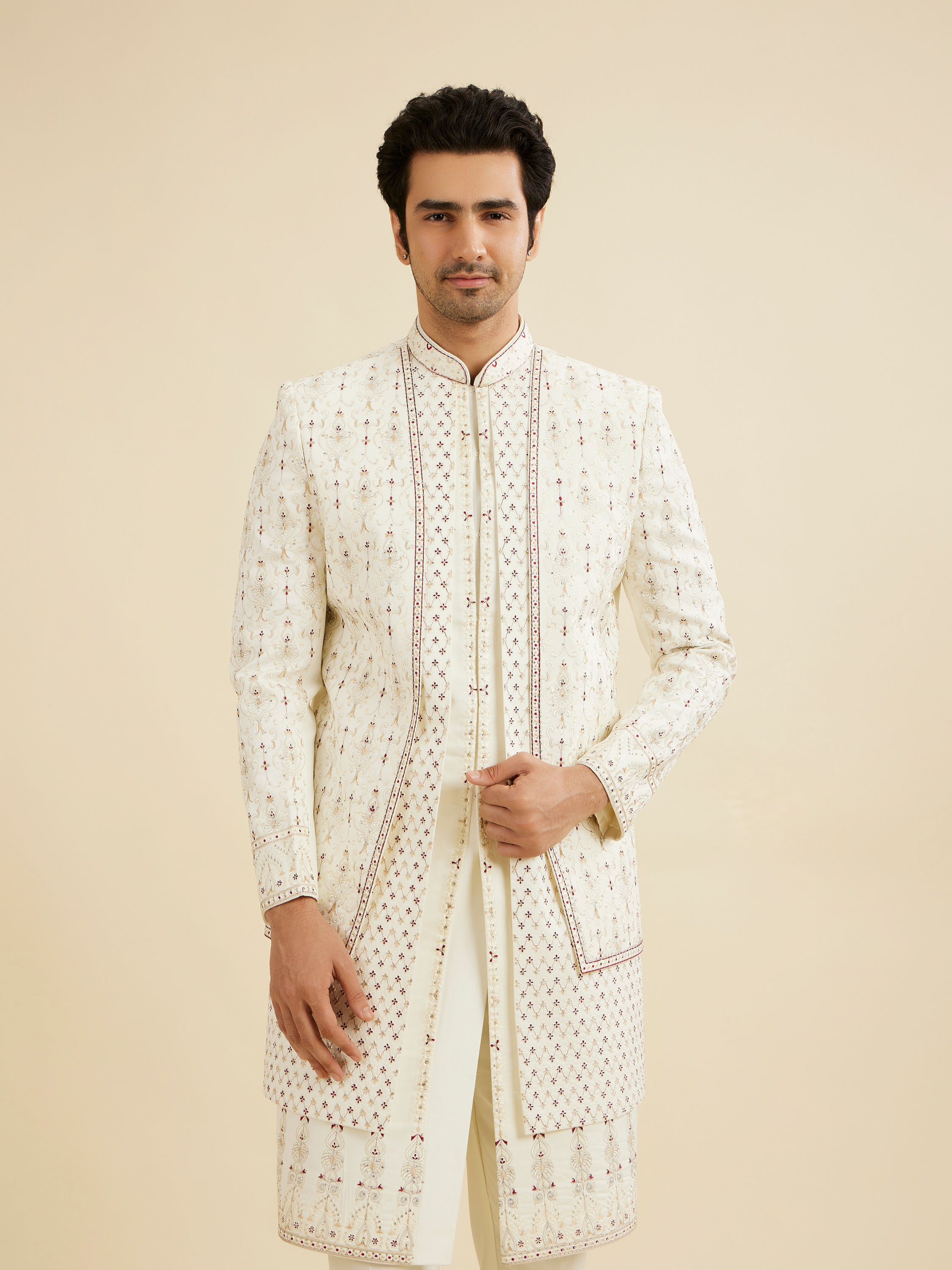 Manyavar Men Cream White Jaal Medallion Patterned Sherwani Set