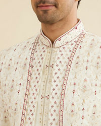 Manyavar Men Cream White Jaal Medallion Patterned Sherwani Set