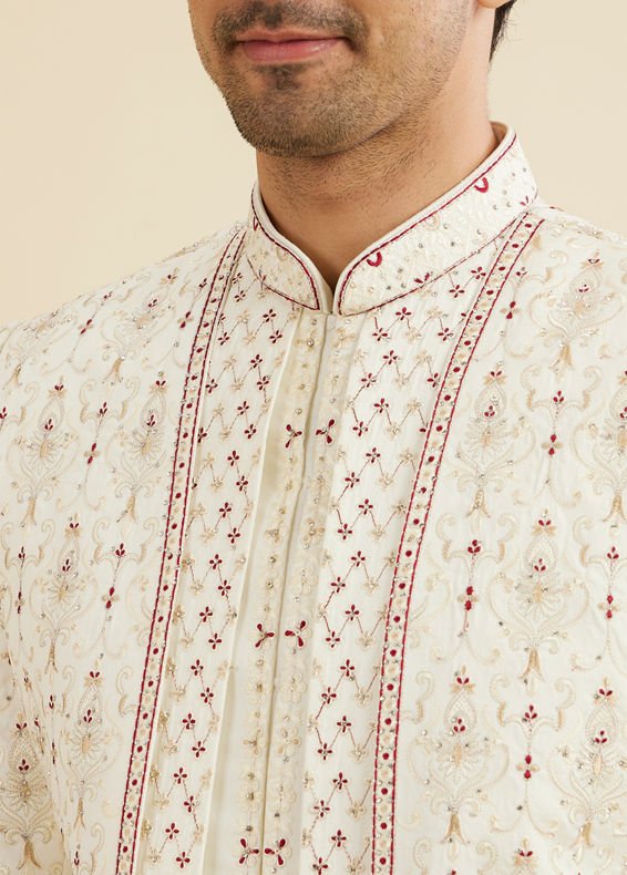 Manyavar Men Cream White Jaal Medallion Patterned Sherwani Set