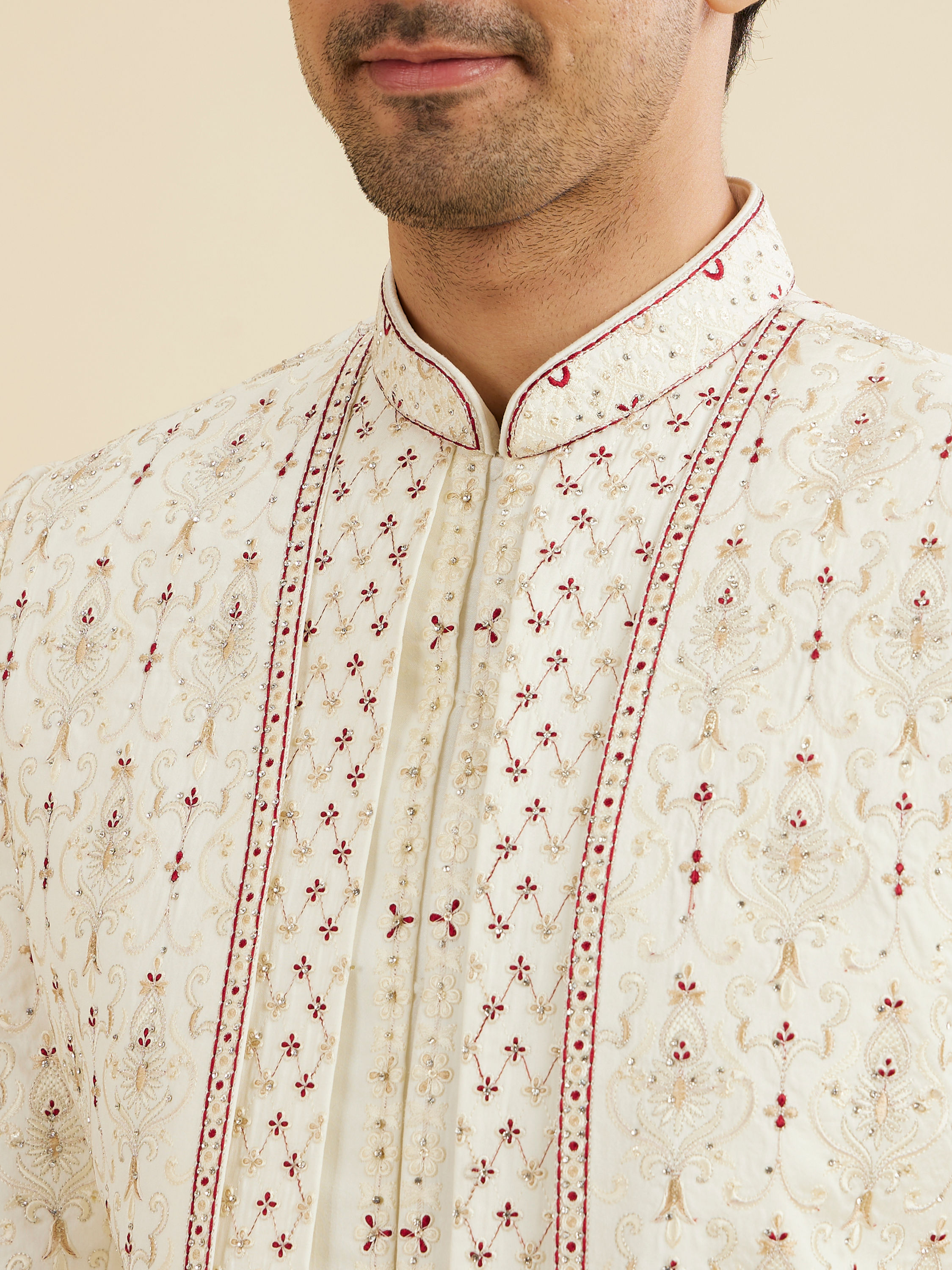 Manyavar Men Cream White Jaal Medallion Patterned Sherwani Set