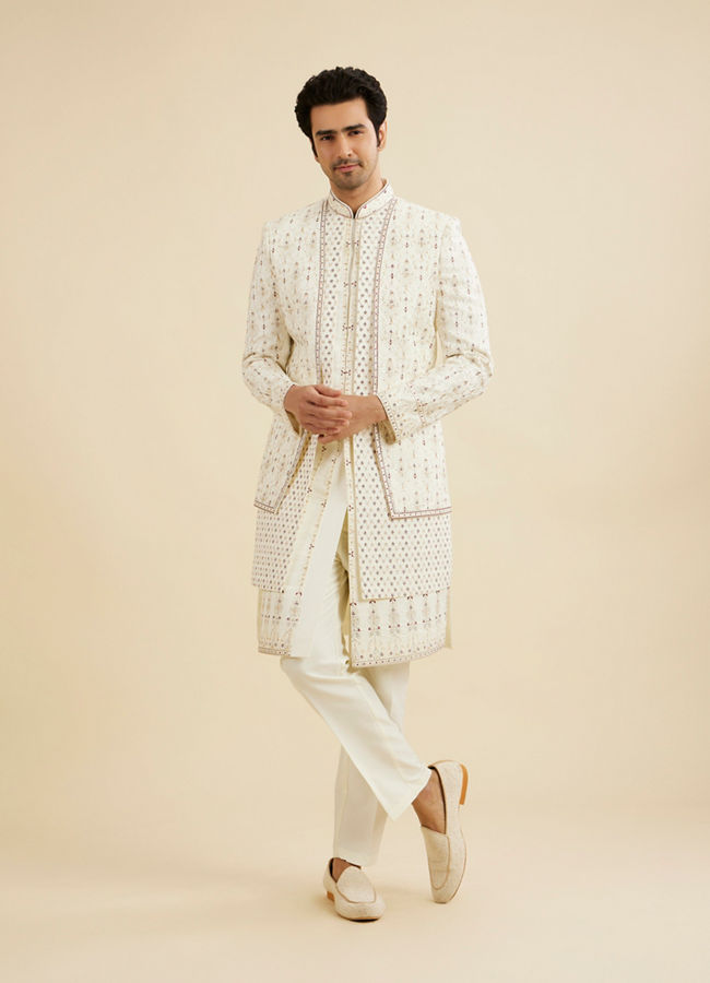 Manyavar Men Cream White Jaal Medallion Patterned Sherwani Set