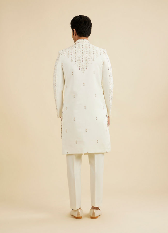 Manyavar Men Cream White Jaal Medallion Patterned Sherwani Set
