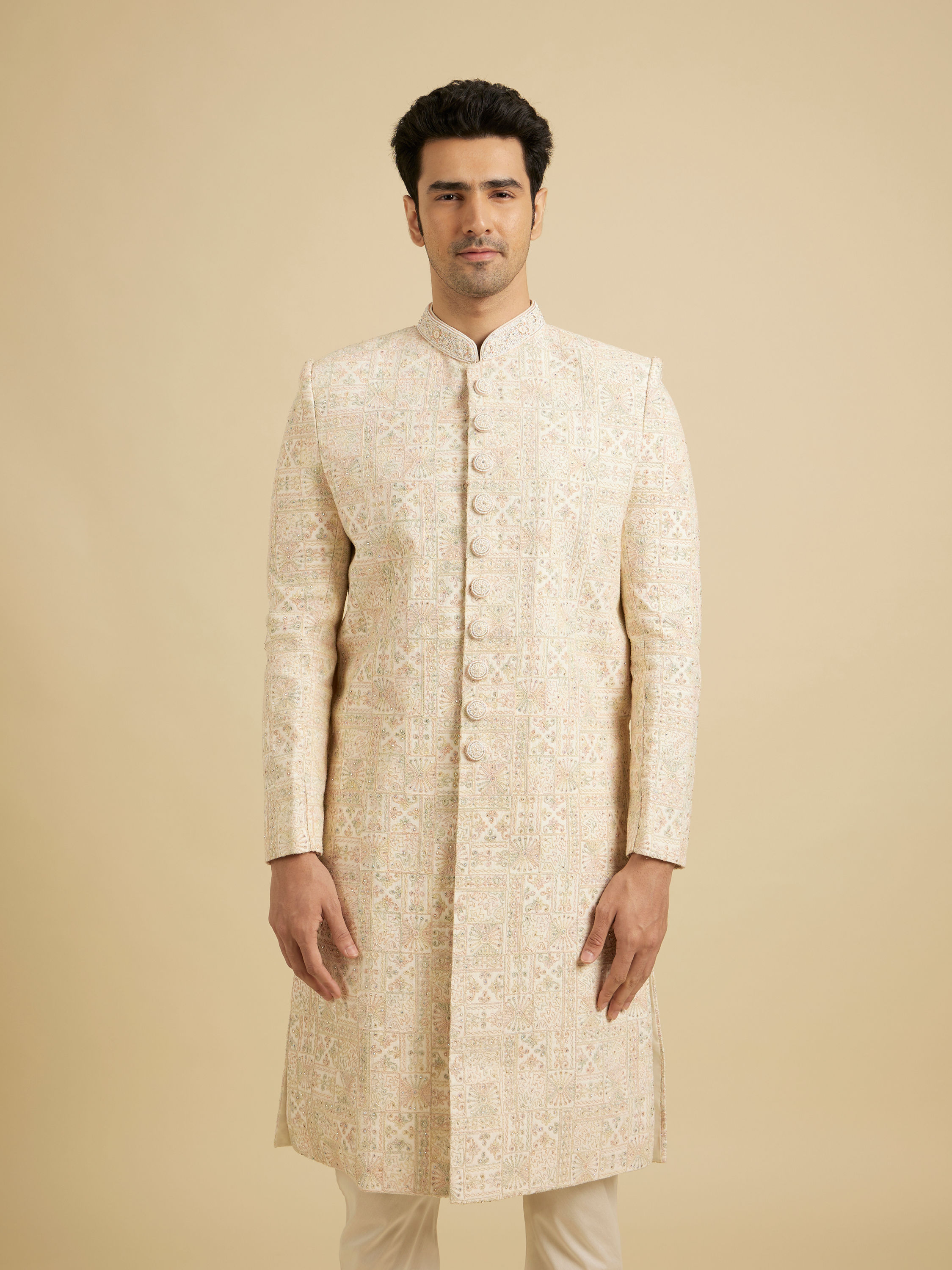 Manyavar Men Peach Cream Elegance Sherwani