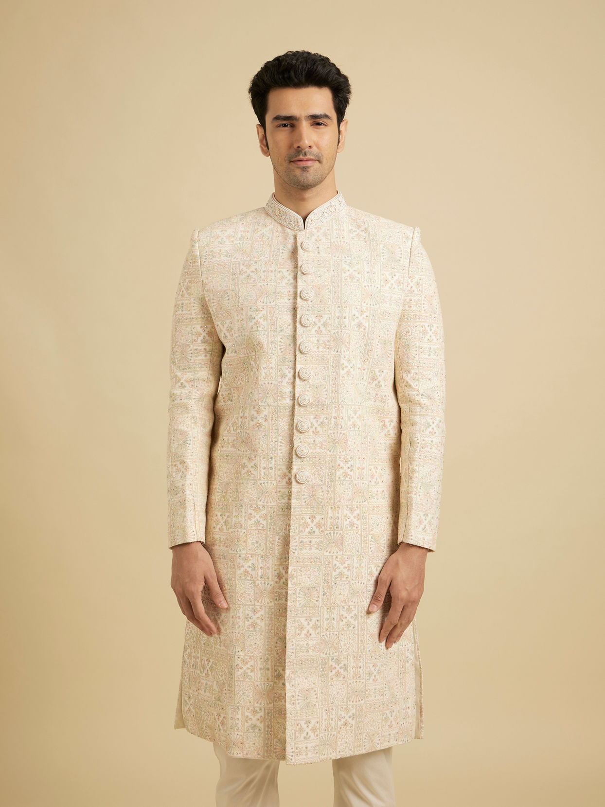 Manyavar Men Peach Cream Elegance Sherwani