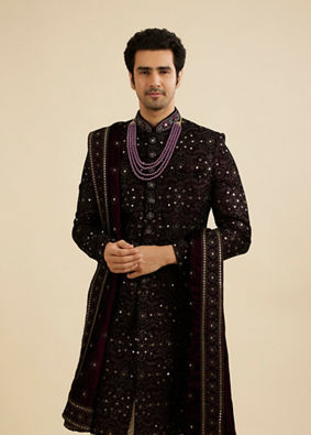 Manyavar Men Grape Wine Jaal Embroidered Sherwani Set with Stone Work