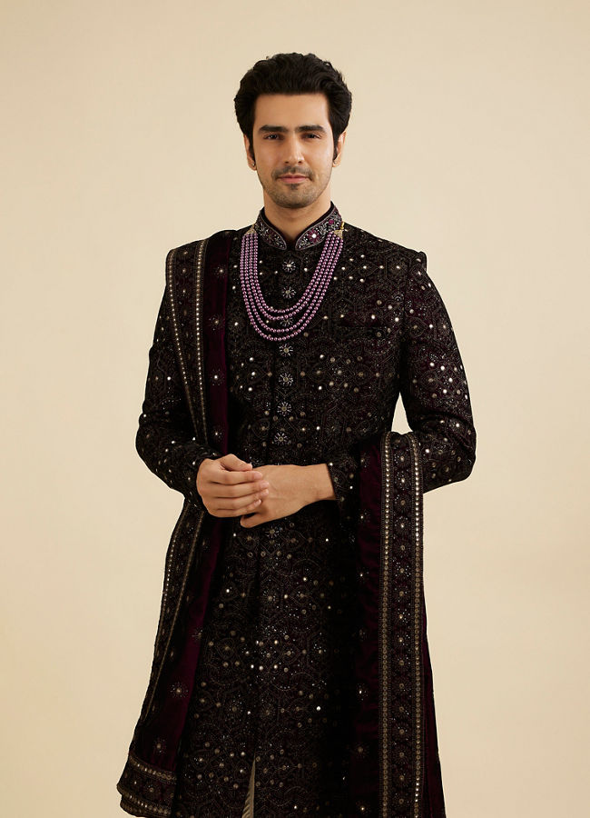 Manyavar Men Grape Wine Jaal Embroidered Sherwani Set with Stone Work